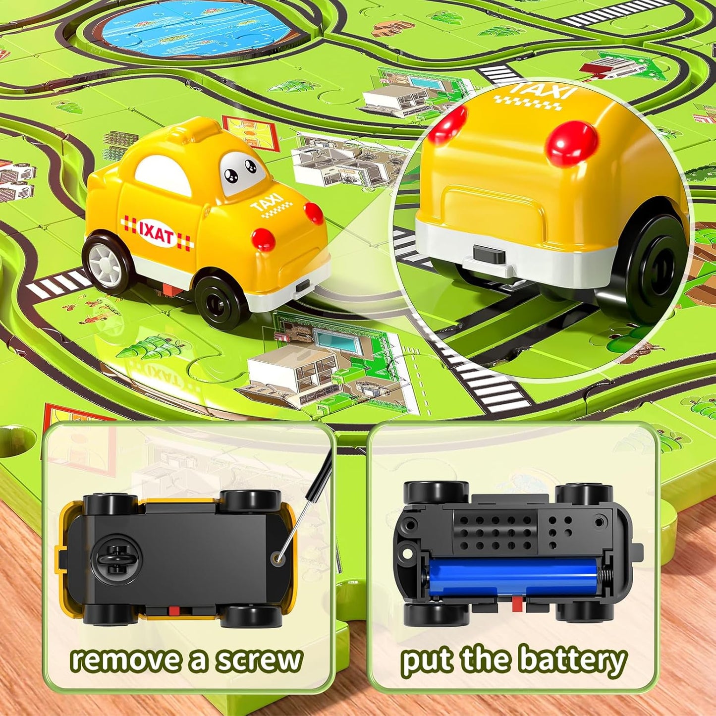64 pieces of children's puzzles, car track set and 3 cute vehicles