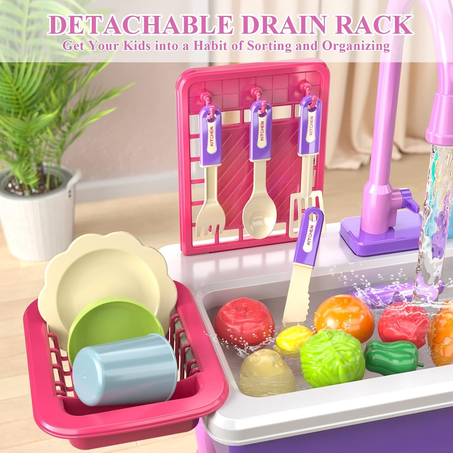 Kitchen sink toys, pink electric dishwasher set