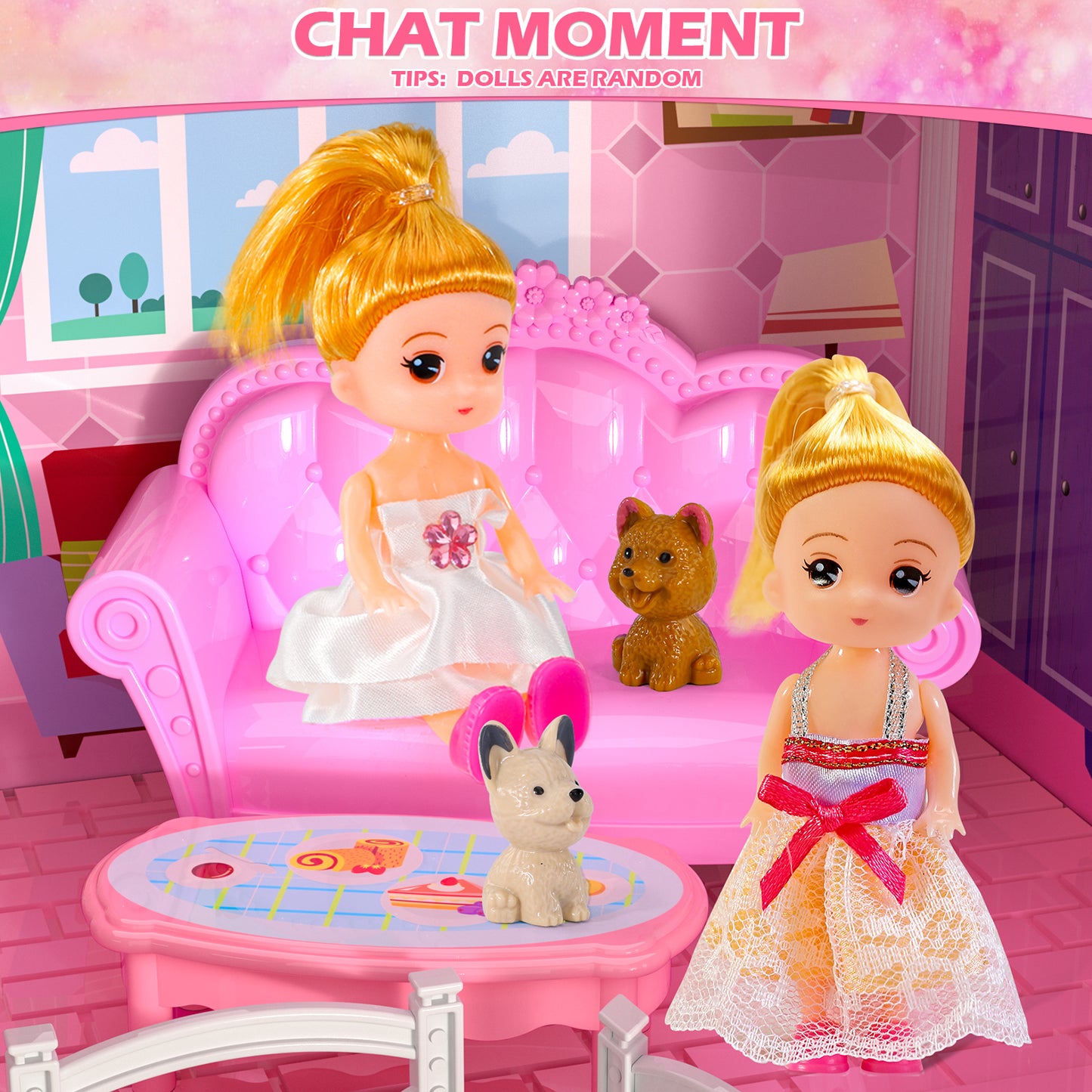 Toy house, family toy furniture, pink girl toys, a dream home with 10 rooms on 4 floors, 2 princess sliding accessories