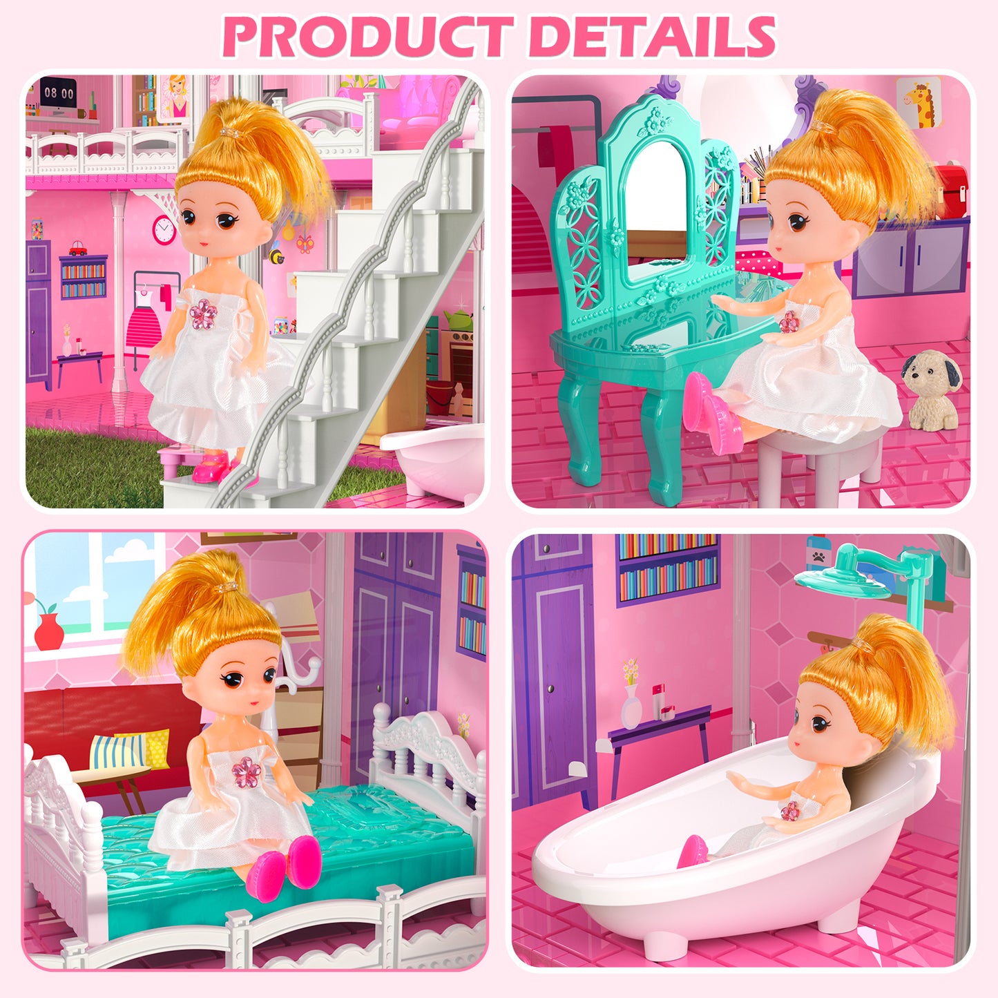 Toy house, family toy furniture, pink girl toys, a dream home with 10 rooms on 4 floors, 2 princess sliding accessories