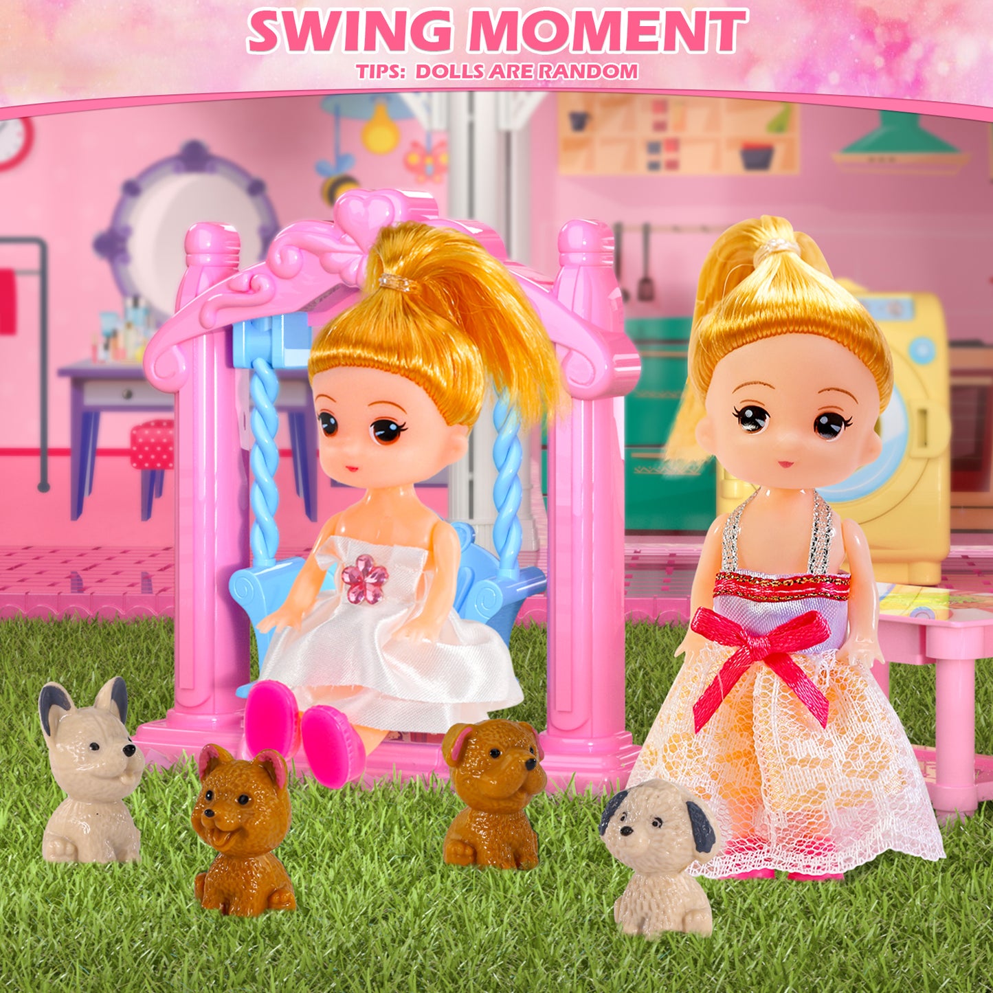 Toy house, family toy furniture, pink girl toys, a dream home with 10 rooms on 4 floors, 2 princess sliding accessories