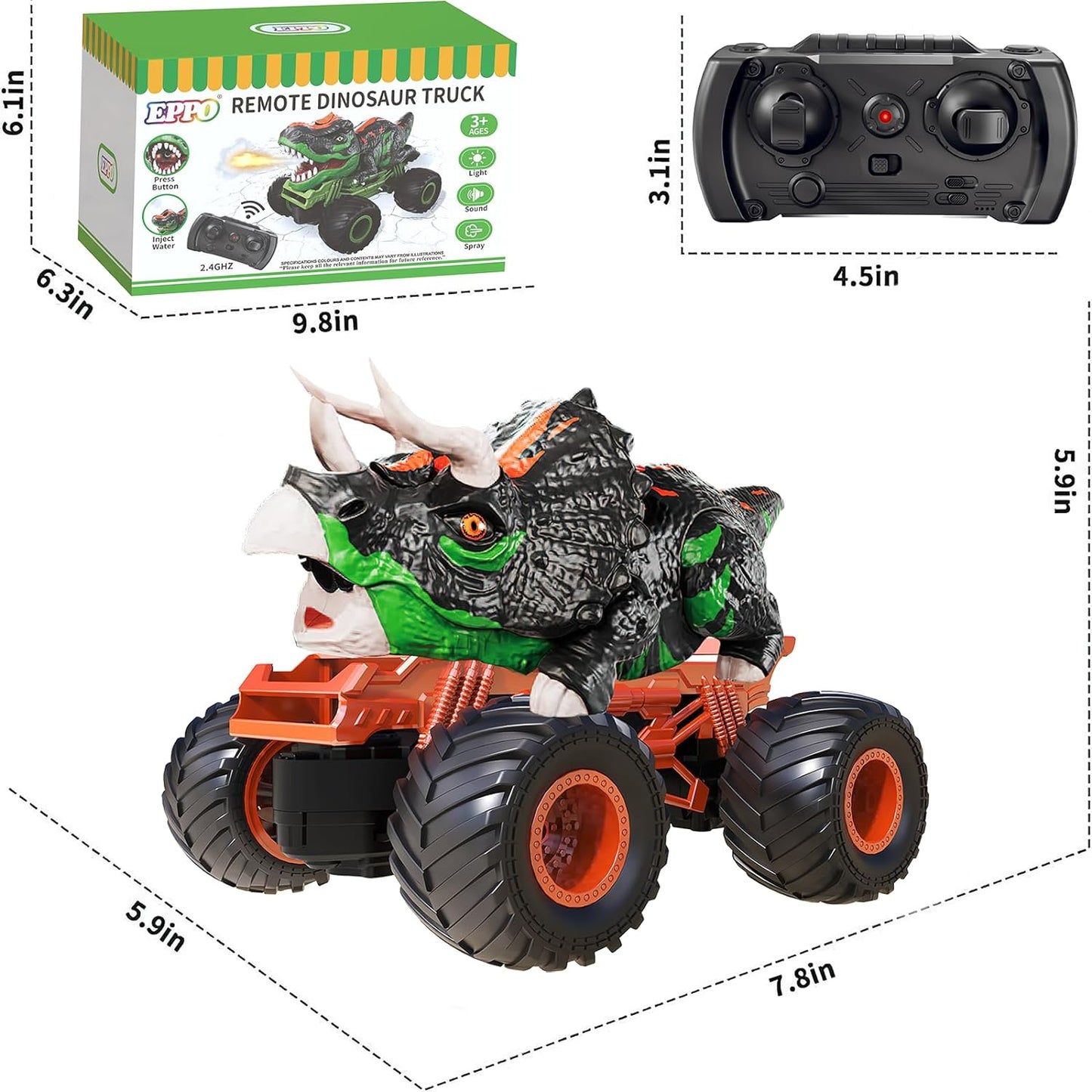 2.4Ghz remote-controlled dinosaur car toy, with light and sound sprays