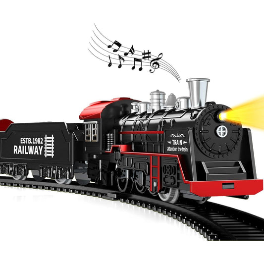 Toy train, a retro classic steam locomotive, Christmas train toy cargo carriages and tracks