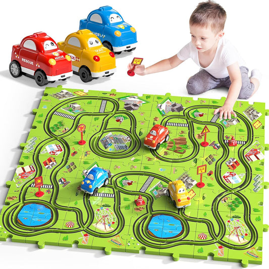 64 pieces of children's puzzles, car track set and 3 cute vehicles