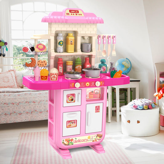 Play with kitchen toys and pretend to be food kitchen toys