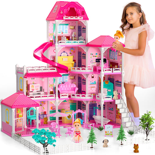 Toy house, family toy furniture, pink girl toys, a dream home with 10 rooms on 4 floors, 2 princess sliding accessories