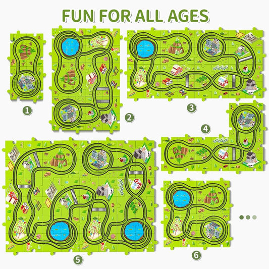 64 pieces of children's puzzles, car track set and 3 cute vehicles
