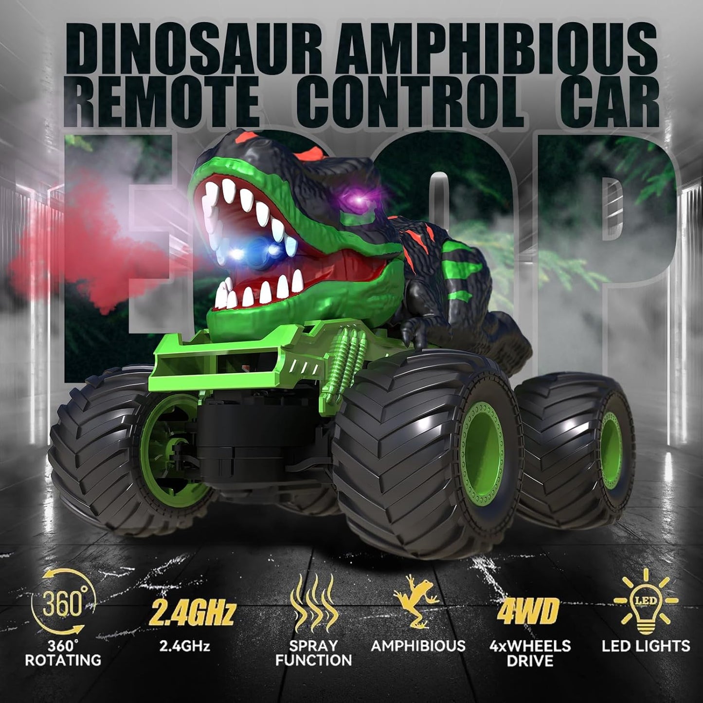 2.4Ghz remote-controlled dinosaur car toy, with light and sound sprays