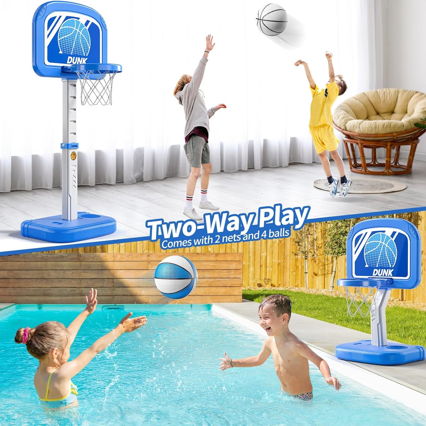 Basketball Hoop Indoor , Adjustable Poolside Hoops with 4 Balls and Pump, Indoor Outdoor Basketball Game, Christmas Birthday Gift