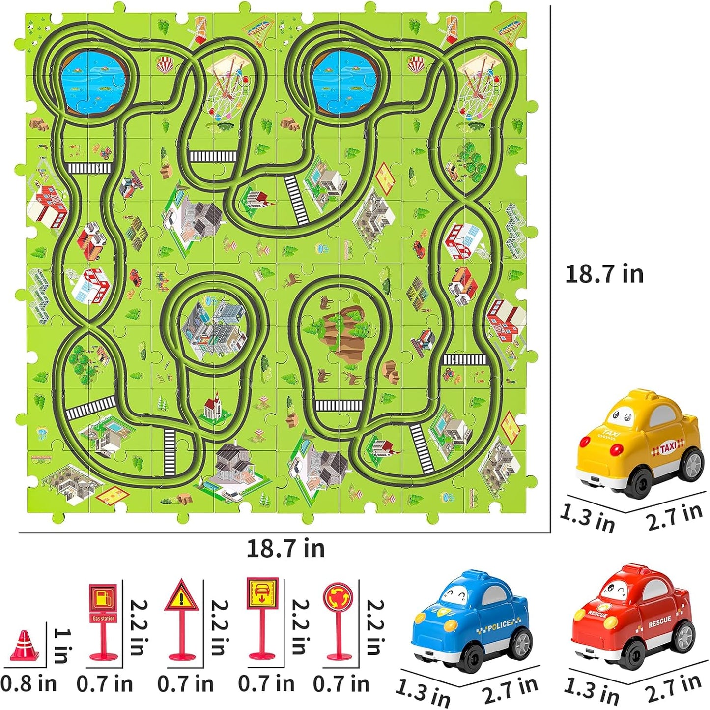 64 pieces of children's puzzles, car track set and 3 cute vehicles