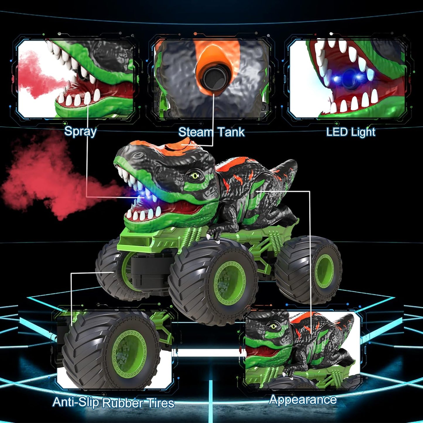 2.4Ghz remote-controlled dinosaur car toy, with light and sound sprays