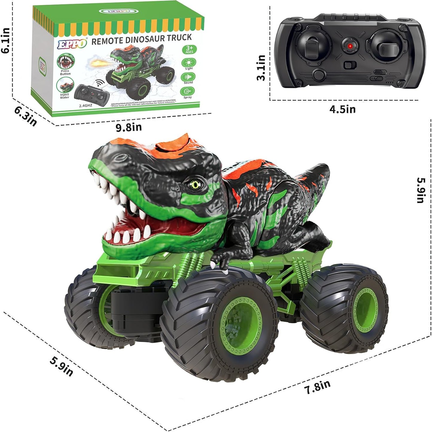 2.4Ghz remote-controlled dinosaur car toy, with light and sound sprays
