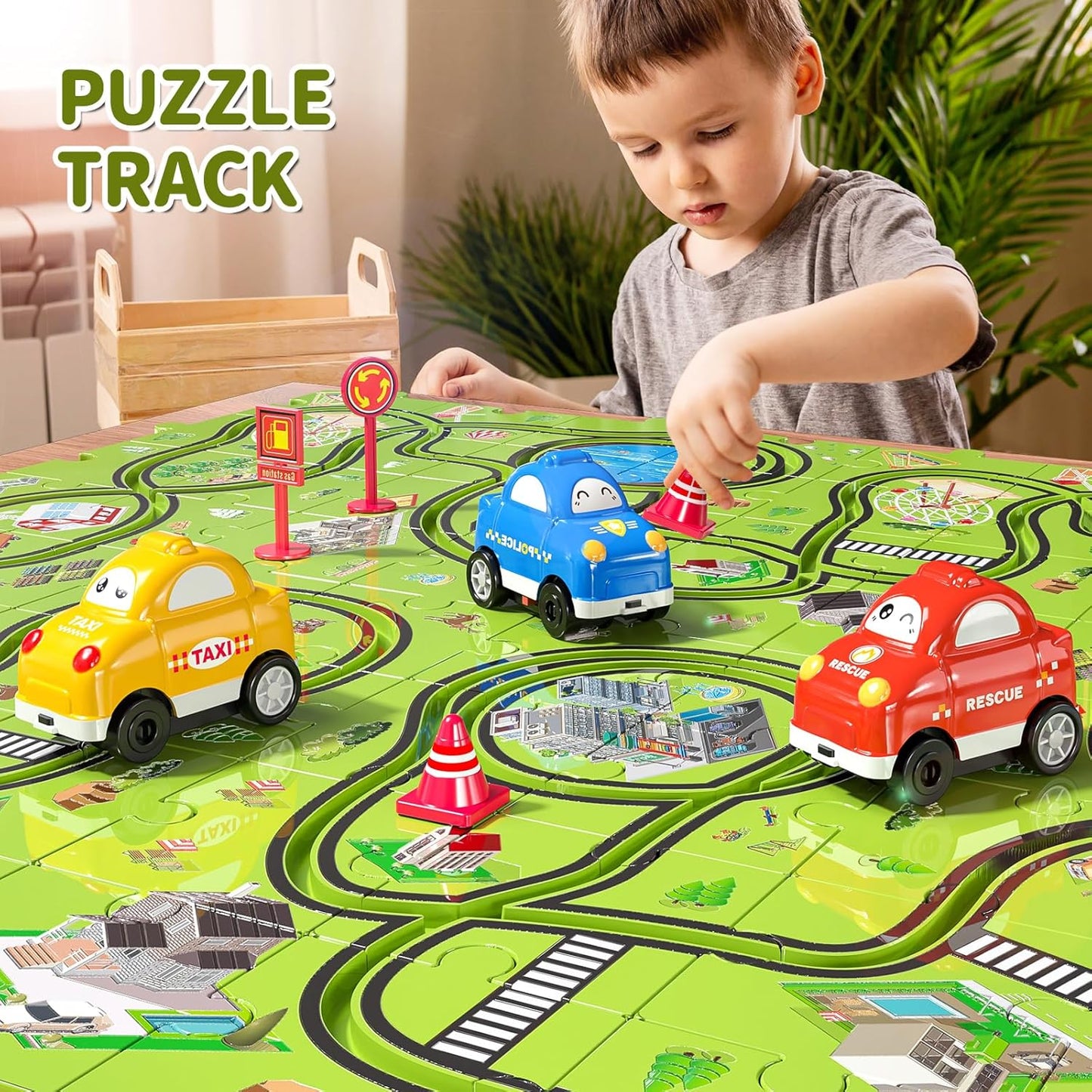 64 pieces of children's puzzles, car track set and 3 cute vehicles