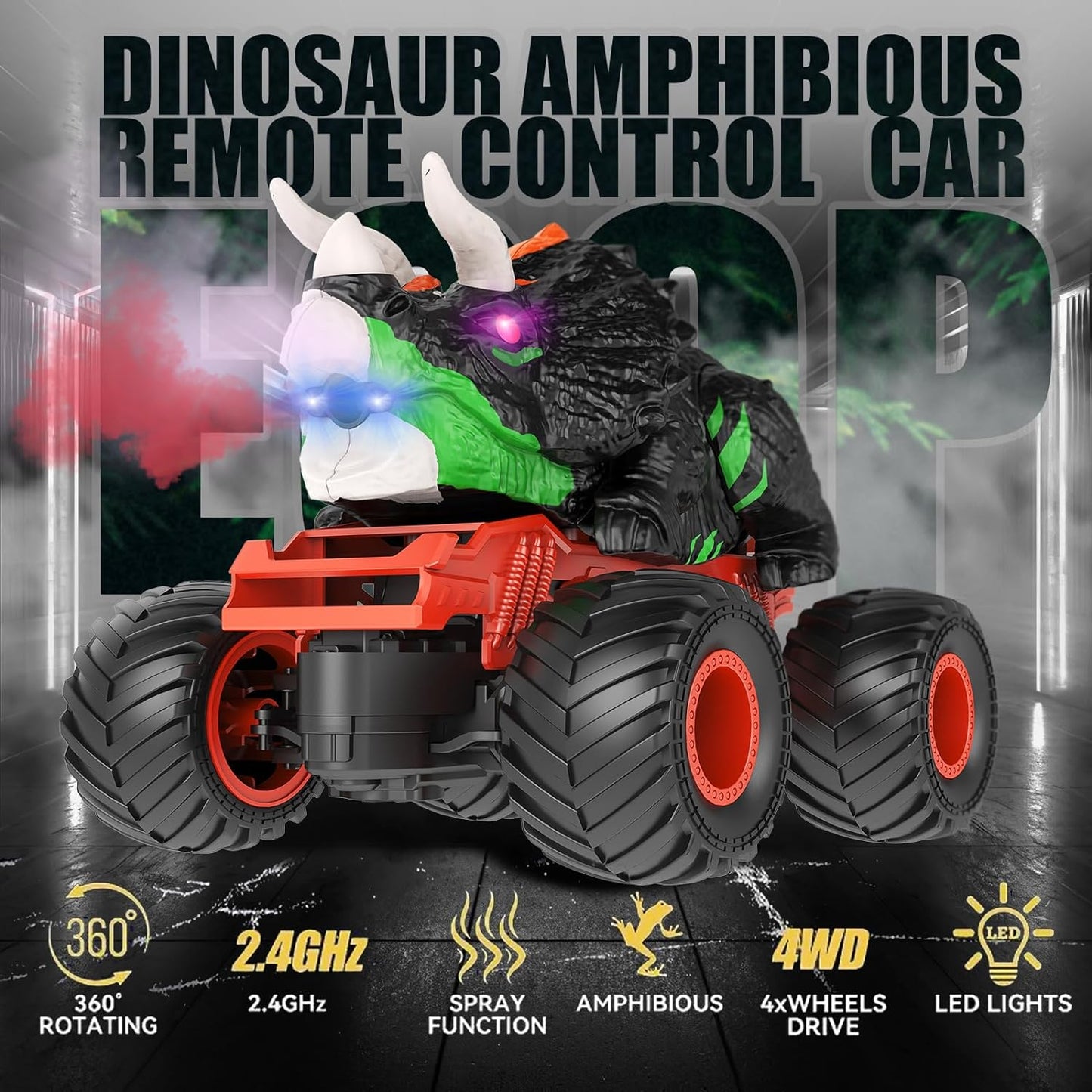 2.4Ghz remote-controlled dinosaur car toy, with light and sound sprays