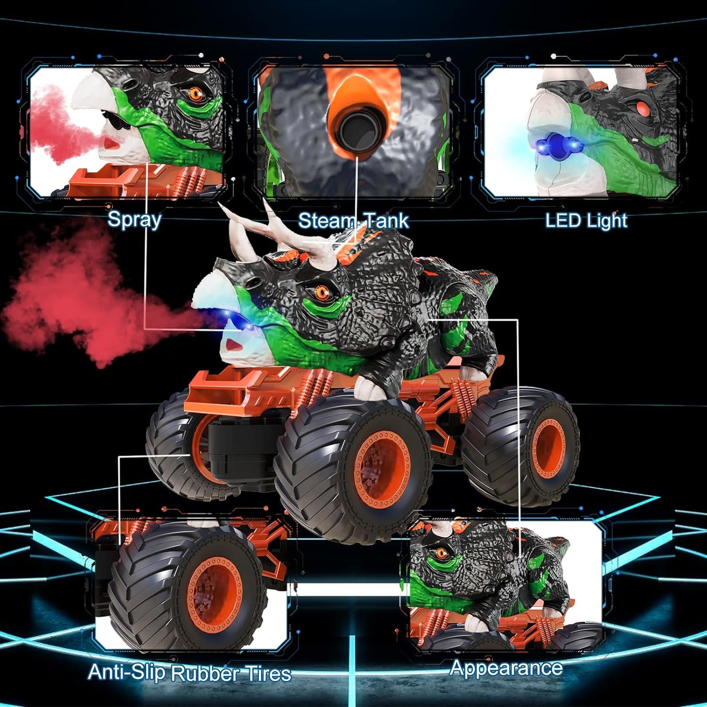 2.4Ghz remote-controlled dinosaur car toy, with light and sound sprays
