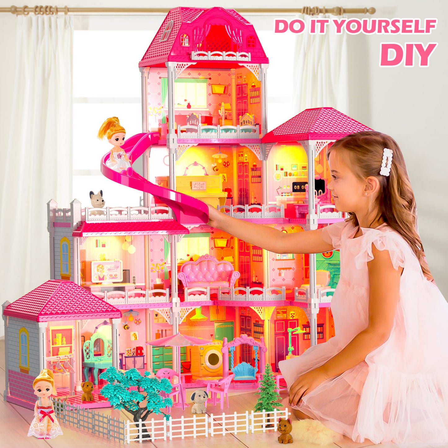 Toy house, family toy furniture, pink girl toys, a dream home with 10 rooms on 4 floors, 2 princess sliding accessories