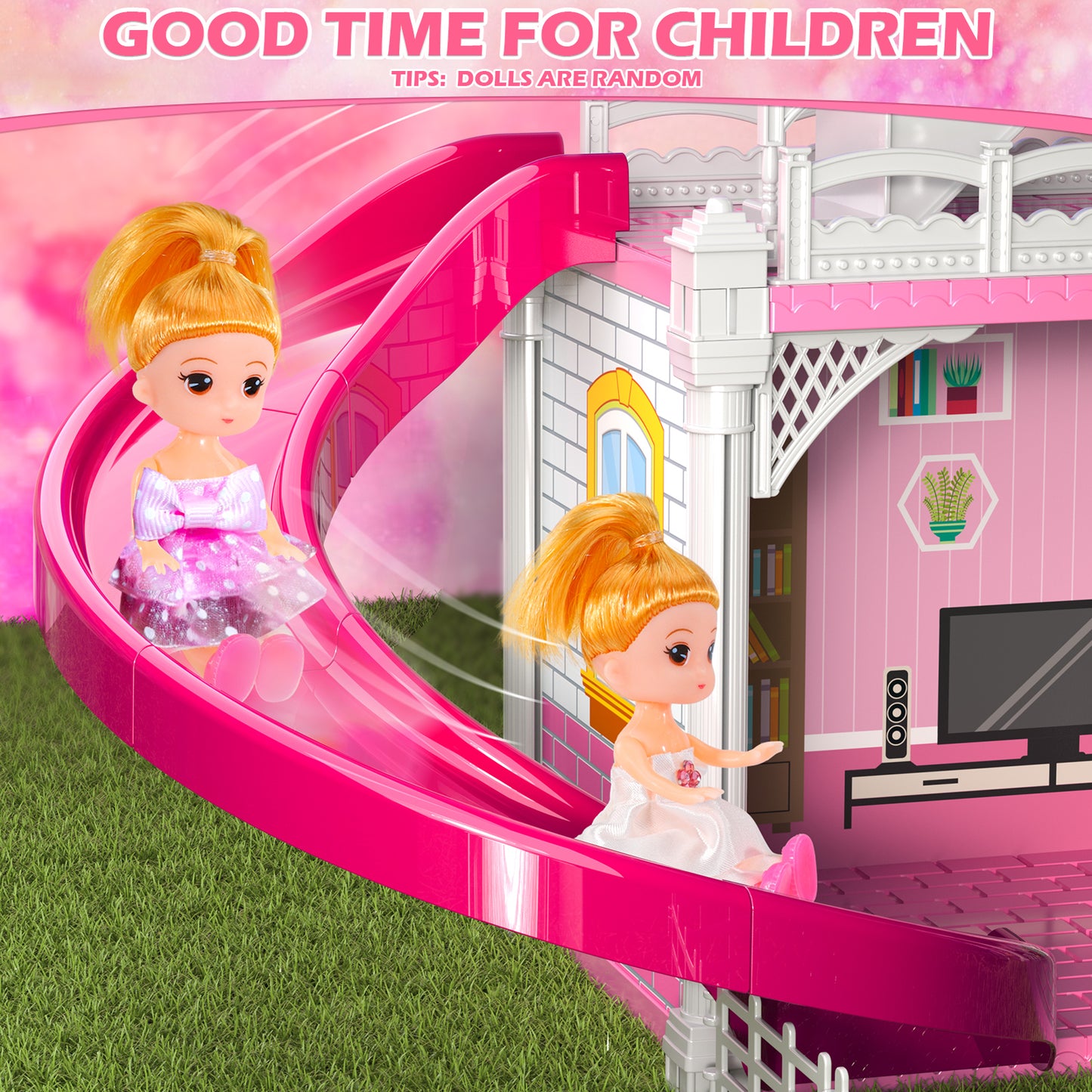Toy house, family toy furniture, pink girl toys, a dream home with 10 rooms on 4 floors, 2 princess sliding accessories